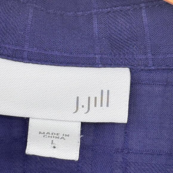 J JILL woman's blouse tunic sheer plaid ruffle hem size large cotton top blue - Picture 3 of 11